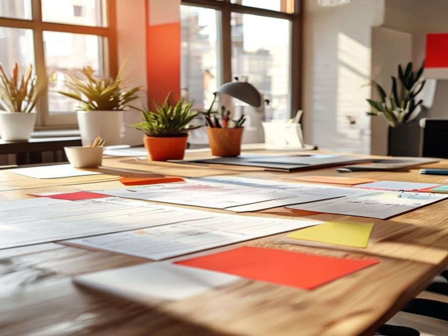Team zit rond tafel met kaarten en notitieblokken voor activiteitenplanning